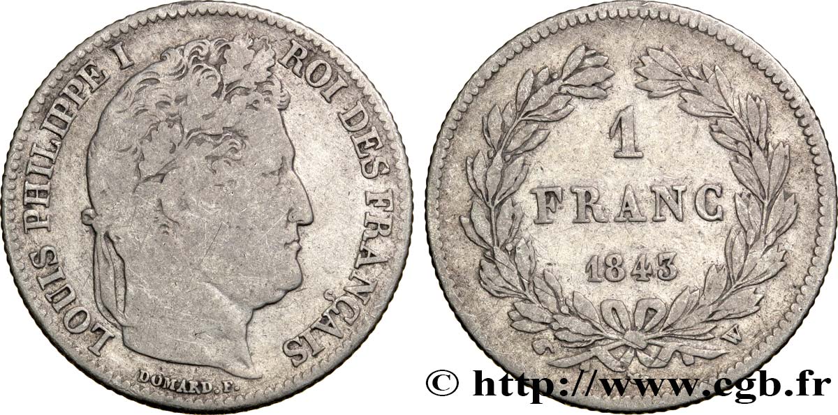 1 franc Louis-Philippe, couronne de chêne 1843 Lille F.210/94 S18 