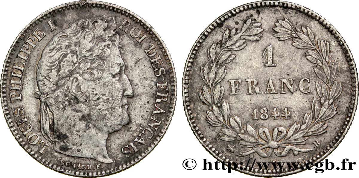 1 franc Louis-Philippe, couronne de chêne 1844 Rouen F.210/96 TB35 