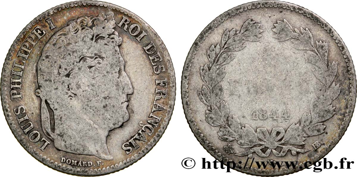 1 franc Louis-Philippe, couronne de chêne 1844 Strasbourg F.210/97 GE5 