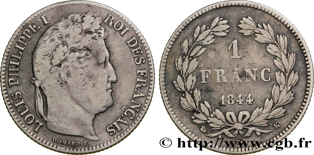 1 franc Louis-Philippe, couronne de chêne 1844 Bordeaux F.210/98 VF25 
