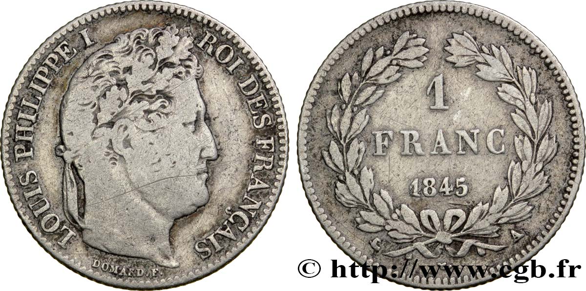 1 franc Louis-Philippe, couronne de chêne 1845 Paris F.210/100 S18 