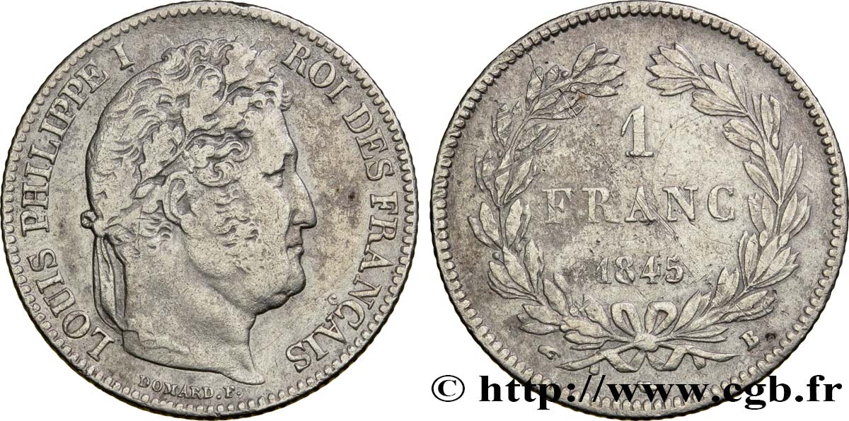 1 franc Louis-Philippe, couronne de chêne 1845 Rouen F.210/101 XF40 