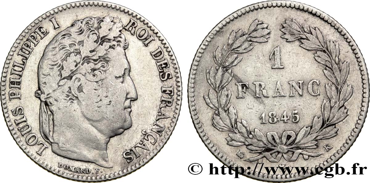 1 franc Louis-Philippe, couronne de chêne 1845 Bordeaux F.210/103 TB28 