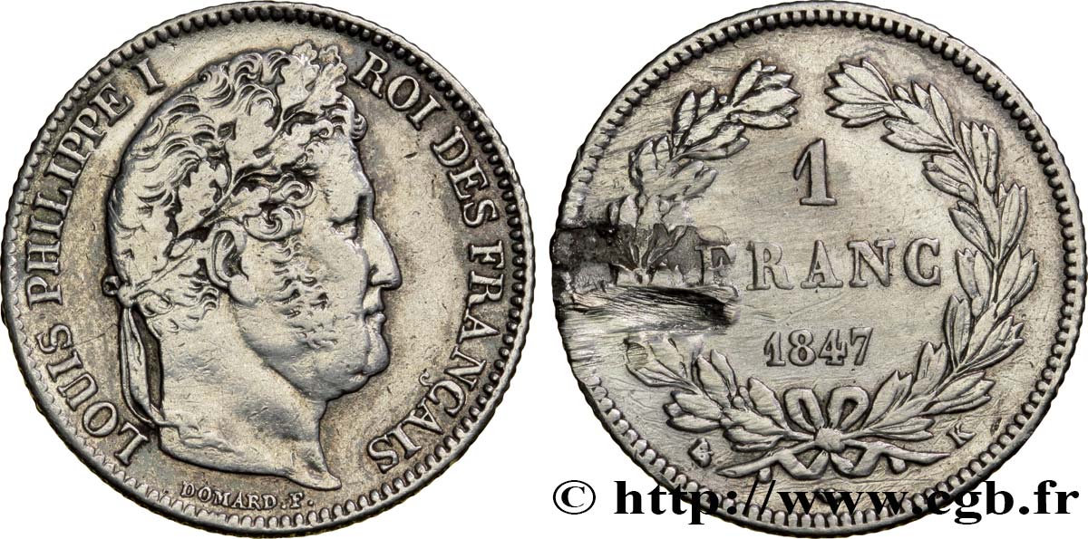 1 franc Louis-Philippe, couronne de chêne 1847 Bordeaux F.210/112 MBC 