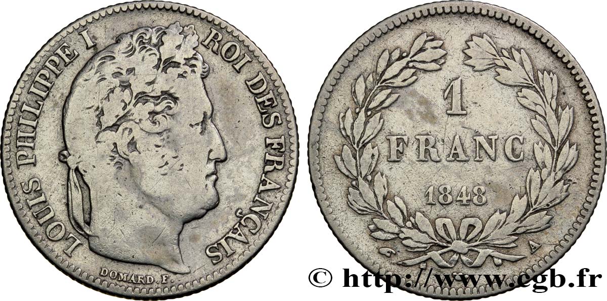 1 franc Louis-Philippe, couronne de chêne 1848 Paris F.210/113 BC18 
