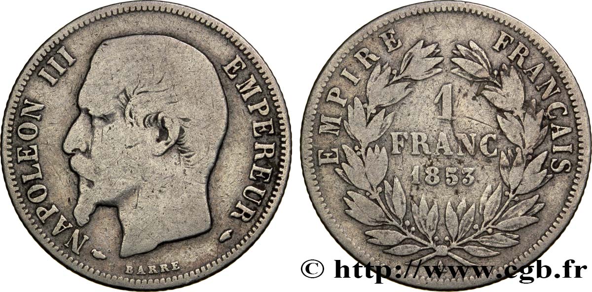 1 franc Napoléon III, tête nue 1853 Paris F.214/1 S15 