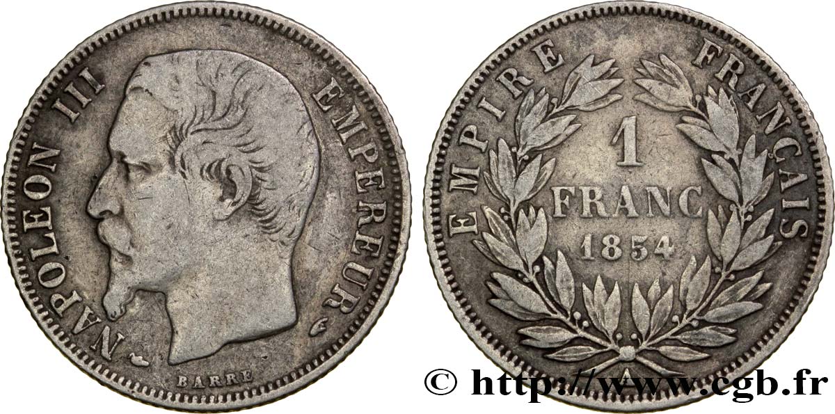 1 franc Napoléon III, tête nue 1854 Paris F.214/2 TB25 