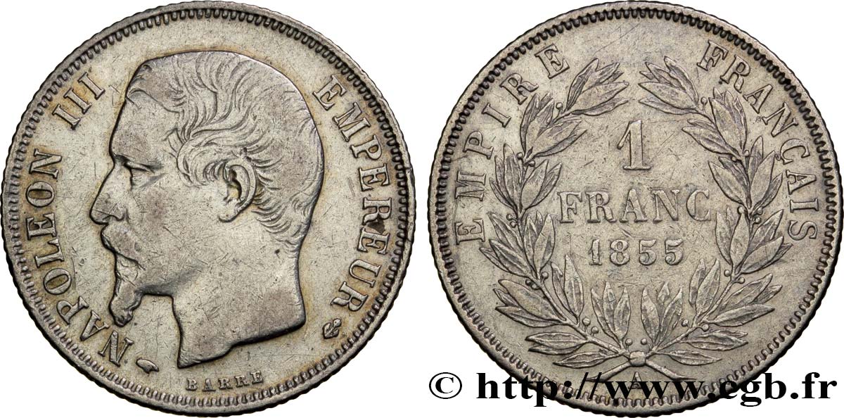1 franc Napoléon III, tête nue 1855 Paris F.214/4 TB35 