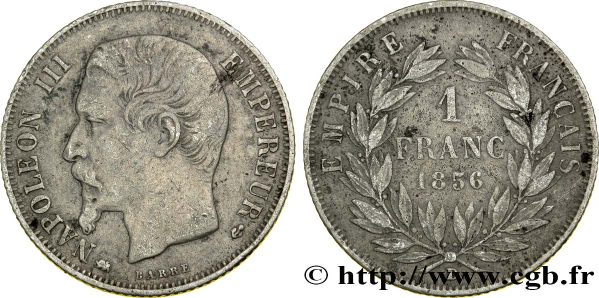 1 franc Napoléon III, tête nue 1856 Lyon F.214/9 TB30 