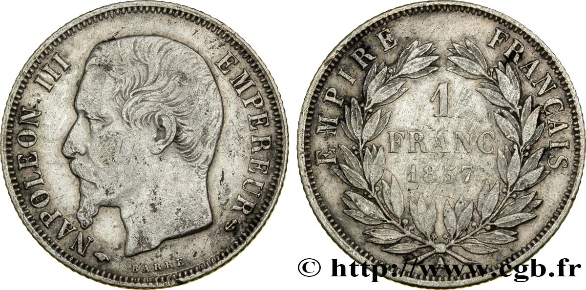 1 franc Napoléon III, tête nue 1857 Paris F.214/10 SS45 