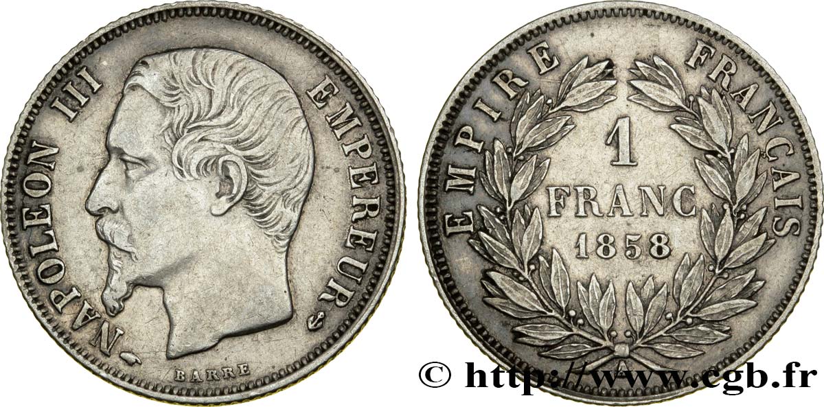 1 franc Napoléon III, tête nue 1858 Paris F.214/11 TTB48 