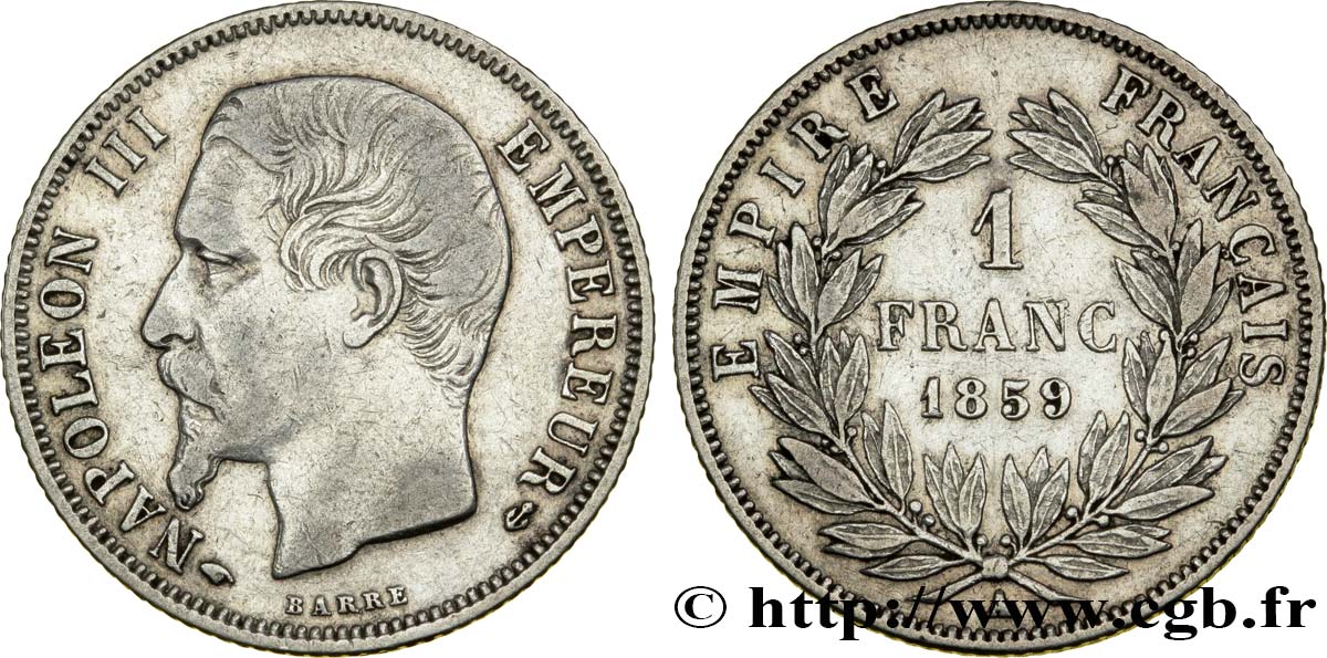 1 franc Napoléon III, tête nue 1859 Paris F.214/12 XF40 