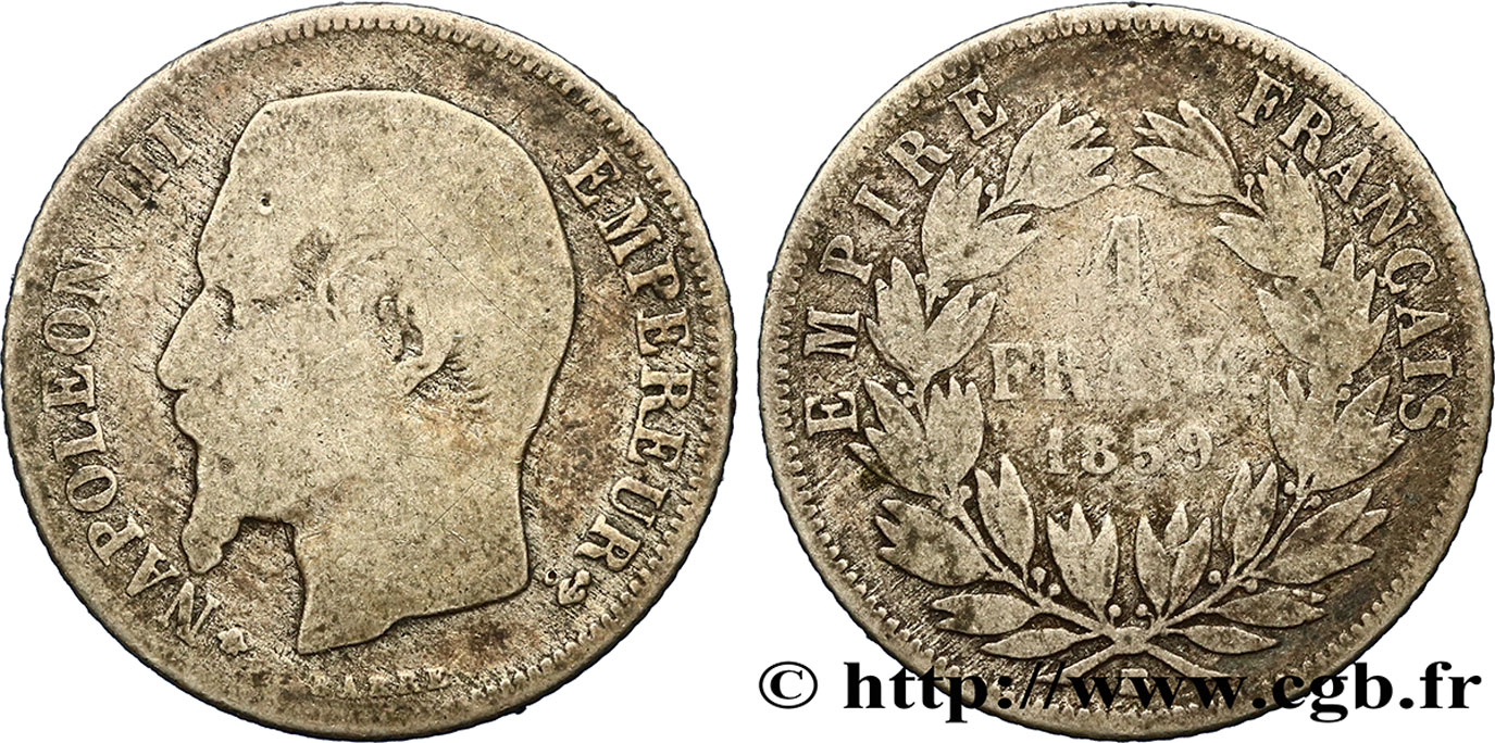 1 franc Napoléon III, tête nue 1859 Strasbourg F.214/13 RC12 