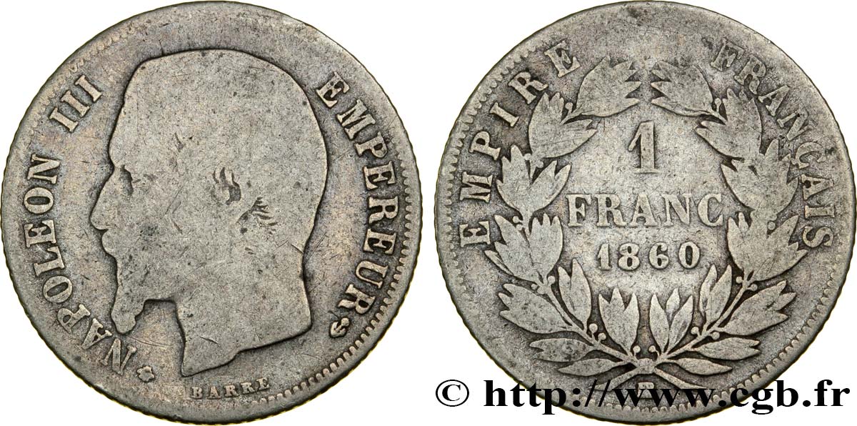 1 franc Napoléon III, tête nue 1860 Strasbourg F.214/17 VG8 