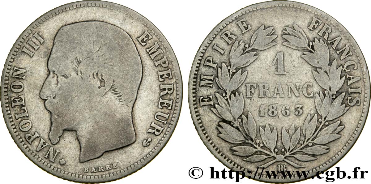 1 franc Napoléon III, tête nue 1863 Strasbourg F.214/21 TB15 