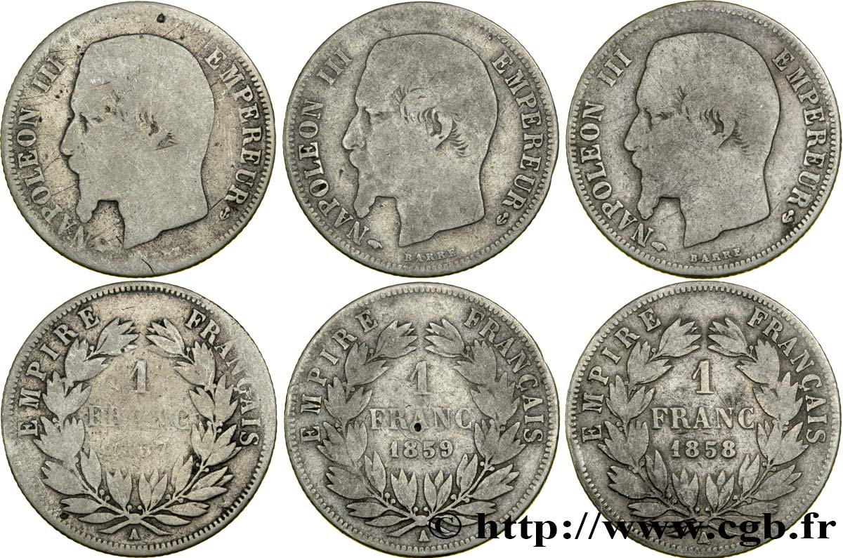 Lot de trois pièces de 1 franc Napoléon III, tête nue - Paris F.214/- B/MB 