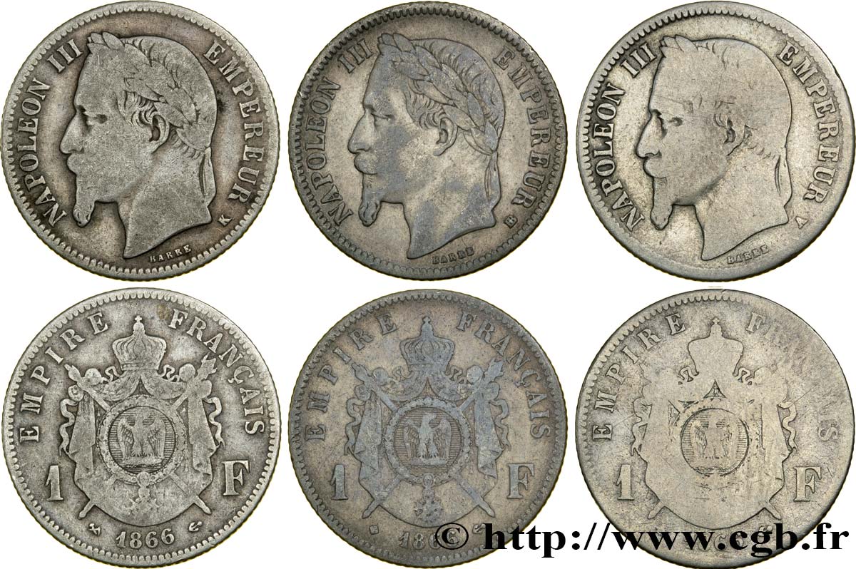 Lot de trois pièces de 1 franc Napoléon III, tête laurée 1866 - F.215/- RC/BC 