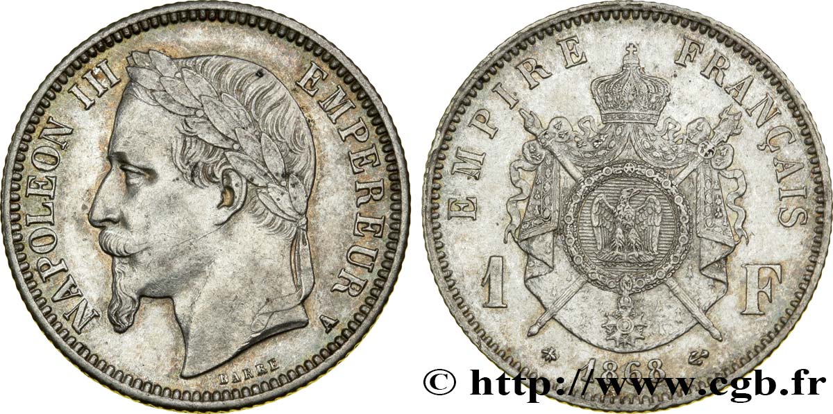 1 franc Napoléon III, tête laurée 1868 Paris F.215/10 EBC55 