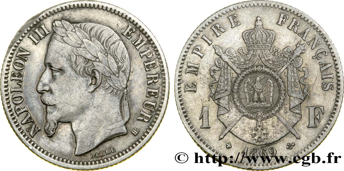 1 franc Napoléon III, tête laurée 1869 Strasbourg F.215/15 MBC45 