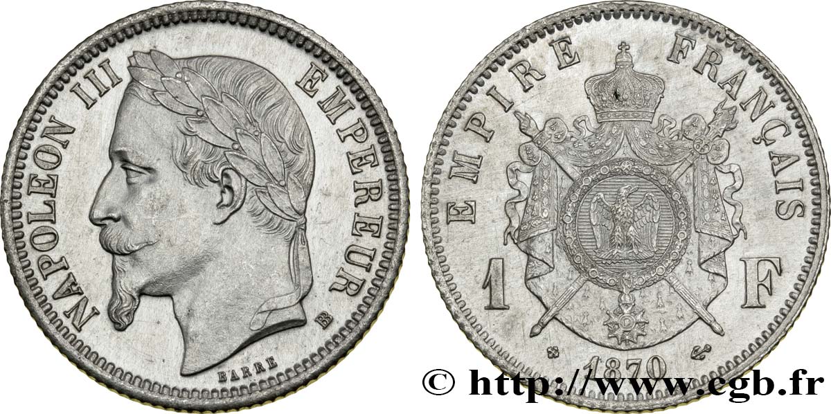 1 franc Napoléon III, tête laurée 1870 Strasbourg F.215/16 SUP58 