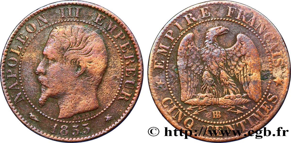 Cinq centimes Napoléon III, tête nue 1855 Strasbourg F.116/20 VF20 