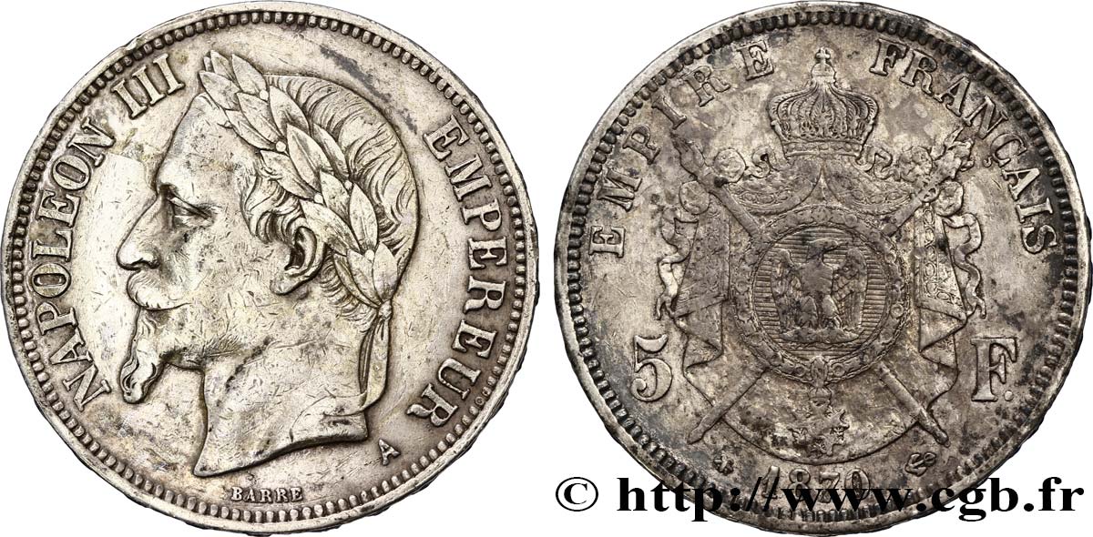 5 francs Napoléon III, tête laurée 1870 Paris F.331/16 TTB40 