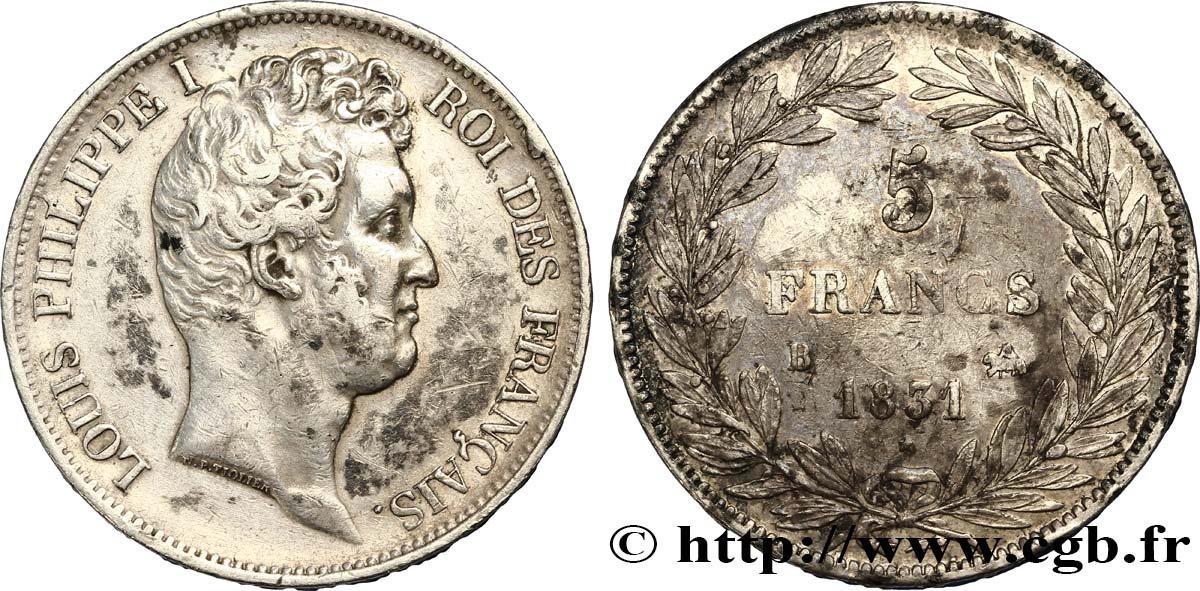 5 francs type Tiolier avec le I, tranche en relief 1831 Rouen F.316/3 MB35 