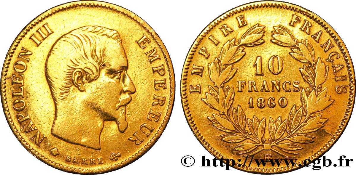 10 francs or Napoléon III, tête nue, grand module 1860 Strasbourg F.506/11 S 