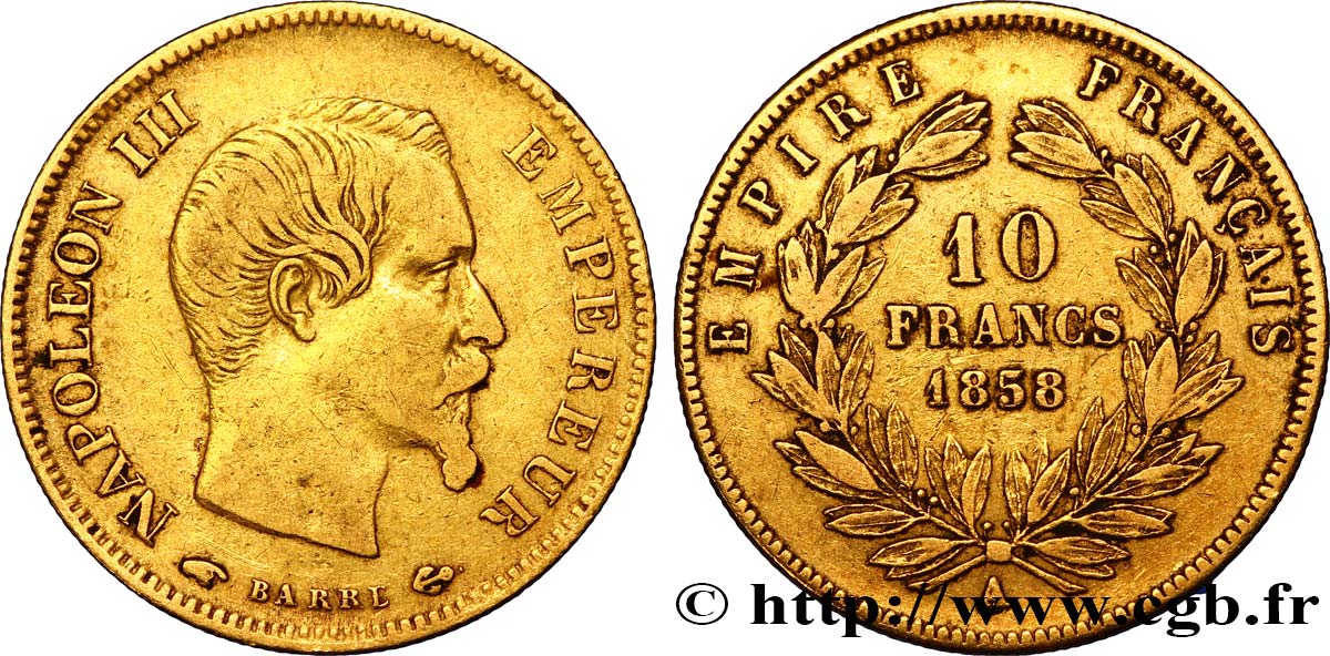 10 francs or Napoléon III, tête nue, grand module 1858 Paris F.506/5 TB30 