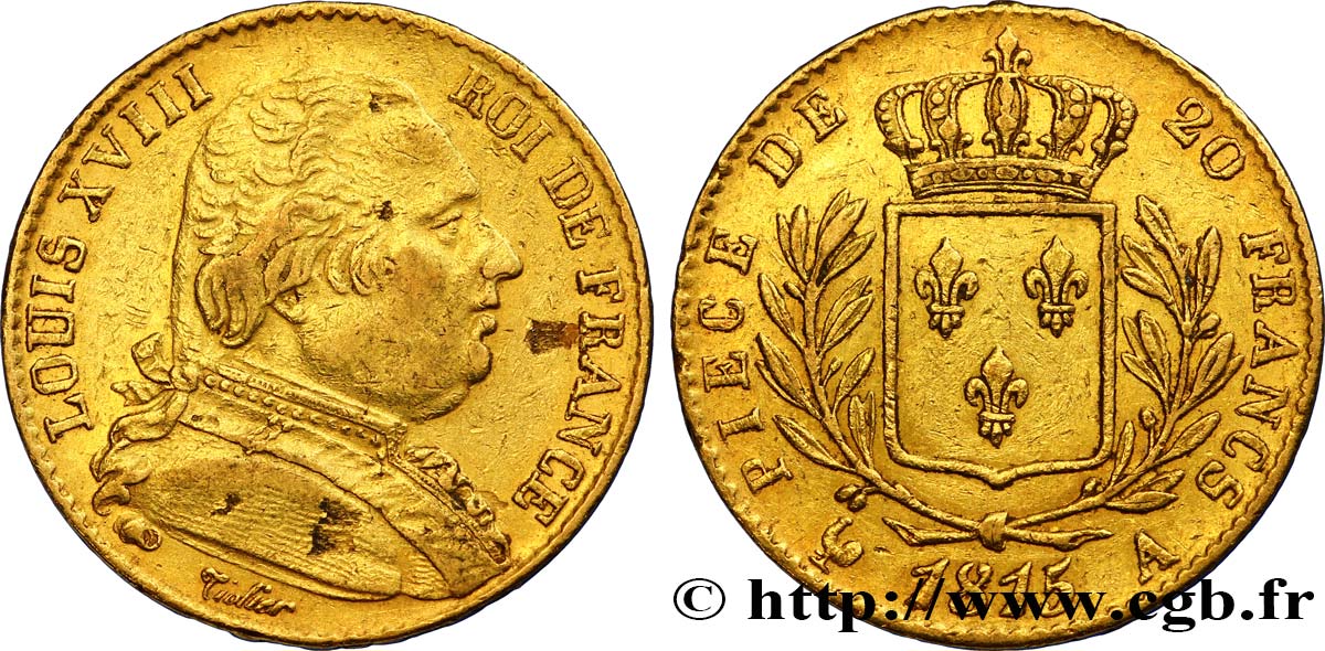 20 francs or Louis XVIII, buste habillé 1815 Paris F.517/10 VF35 