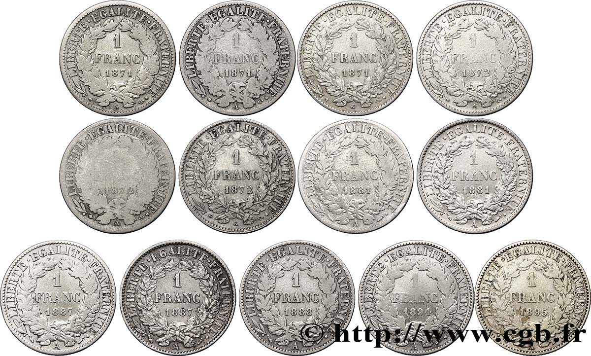Lot de treize pièces de 1 franc Cérès, IIIe République - - F.216/- B/TTB 