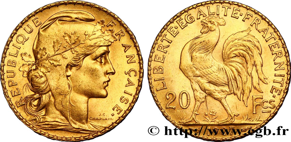 20 francs or Coq, Liberté Égalité Fraternité 1907 Paris F.535/1 SPL60 