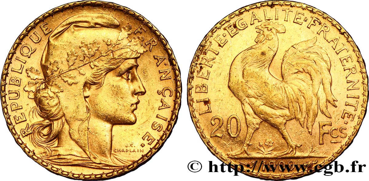 20 francs or Coq, Liberté Égalité Fraternité 1909 Paris F.535/3 TTB45 