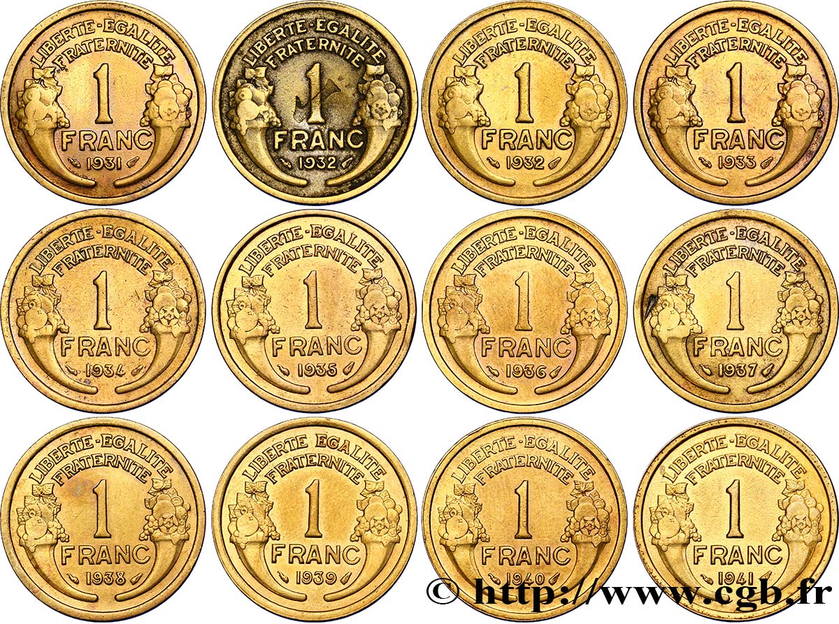 Lot de 12 pièces de 1 franc Morlon - - F.219/- BC/MBC 