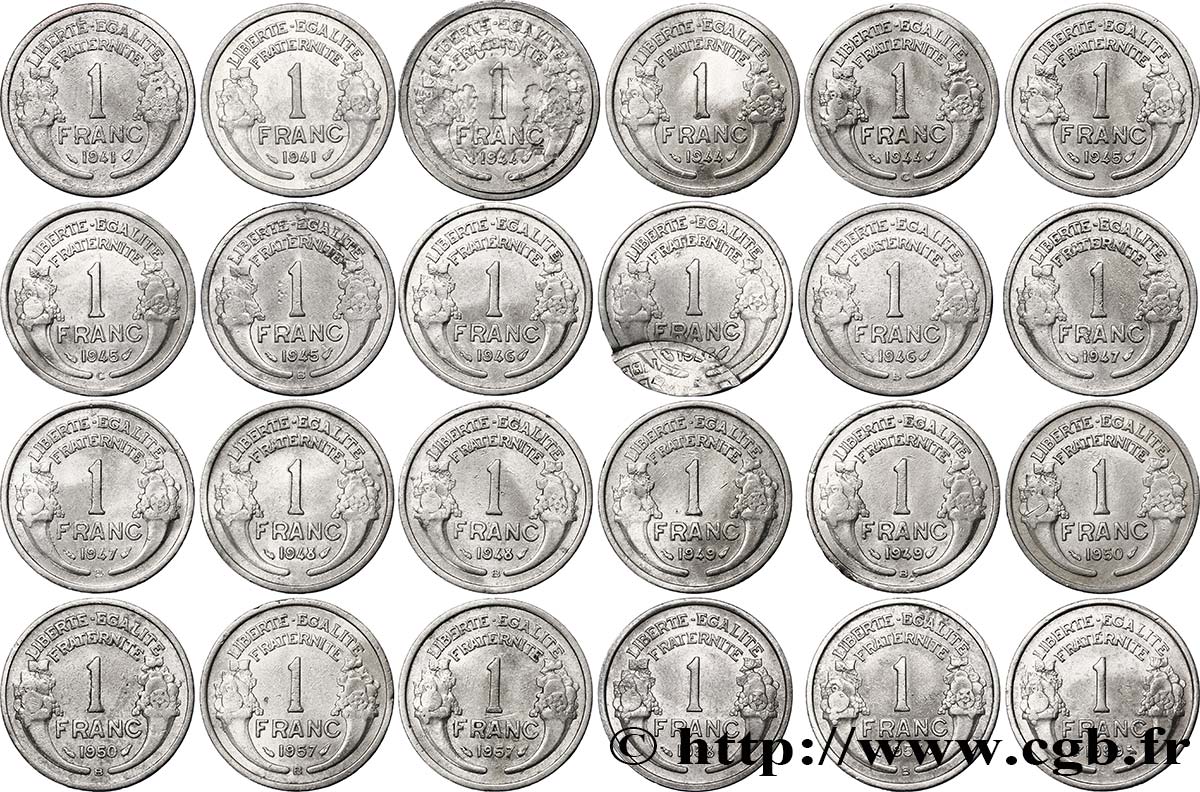 Lot de 24 pièces de 1 franc Morlon en aluminium - - F.220/- BC/EBC 