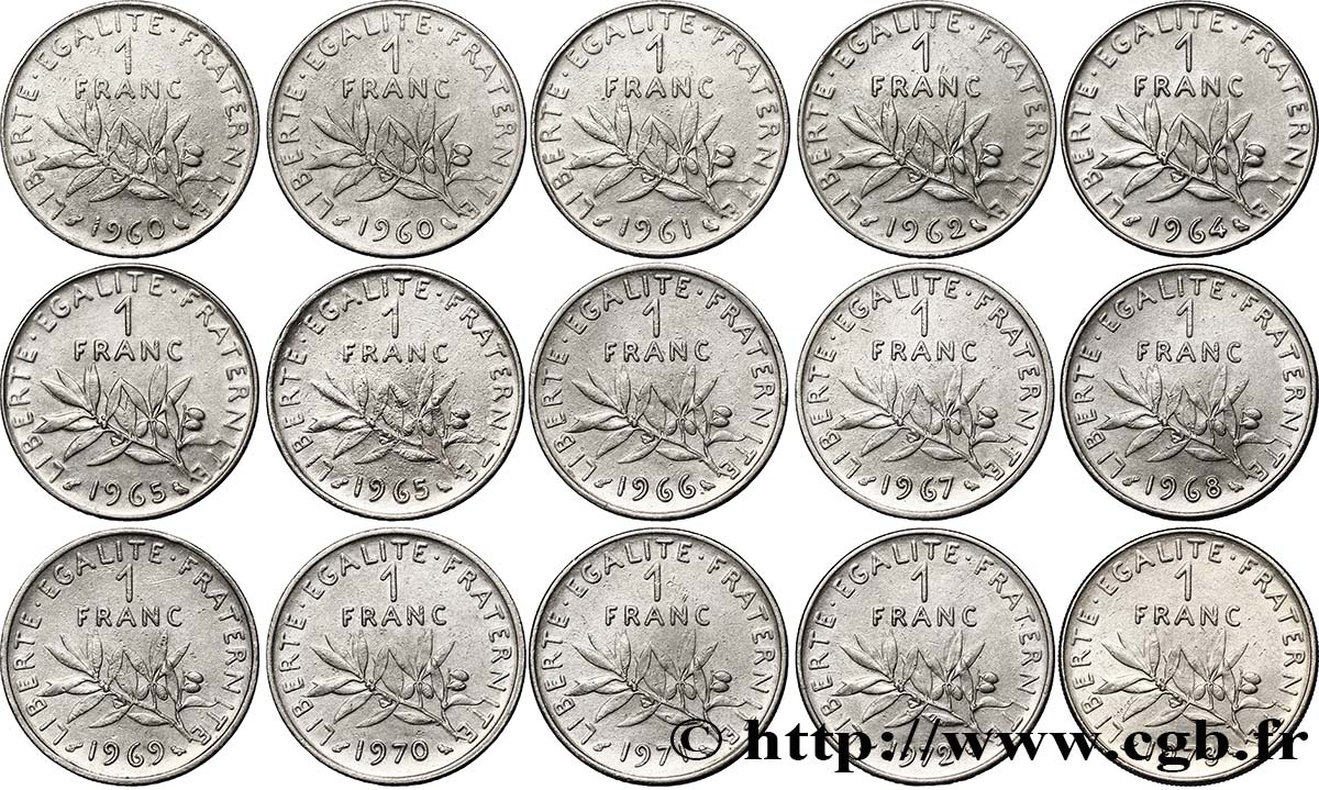 Lot de 15 pièces de 1 franc Semeuse, nickel - - F.226/- TB/TTB 