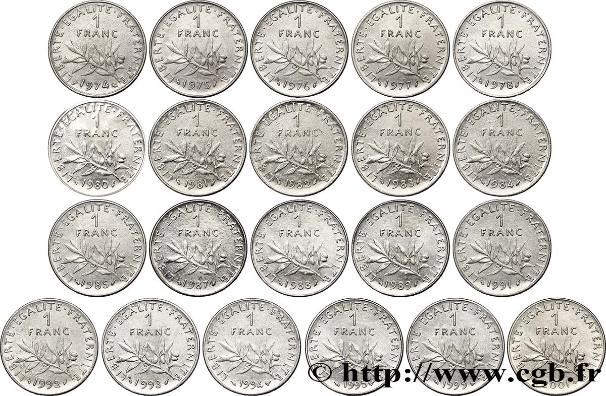 Lot de 21 pièces de 1 franc Semeuse, nickel - - F.226/- TB/FDC 