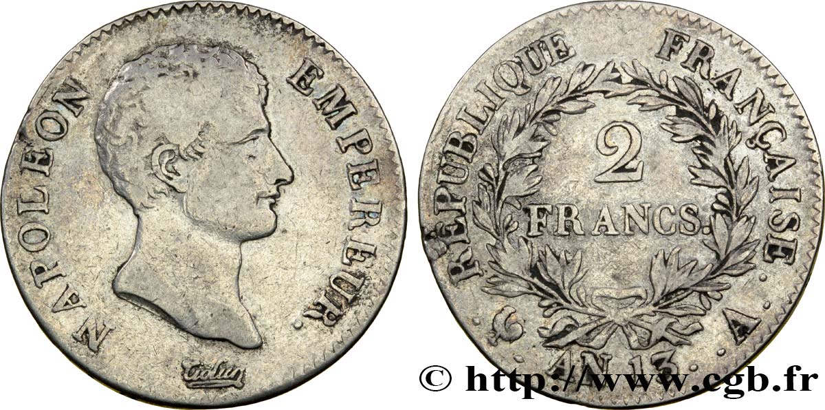 2 francs Napoléon Empereur, Calendrier révolutionnaire 1805 Paris F.251/12 MB30 