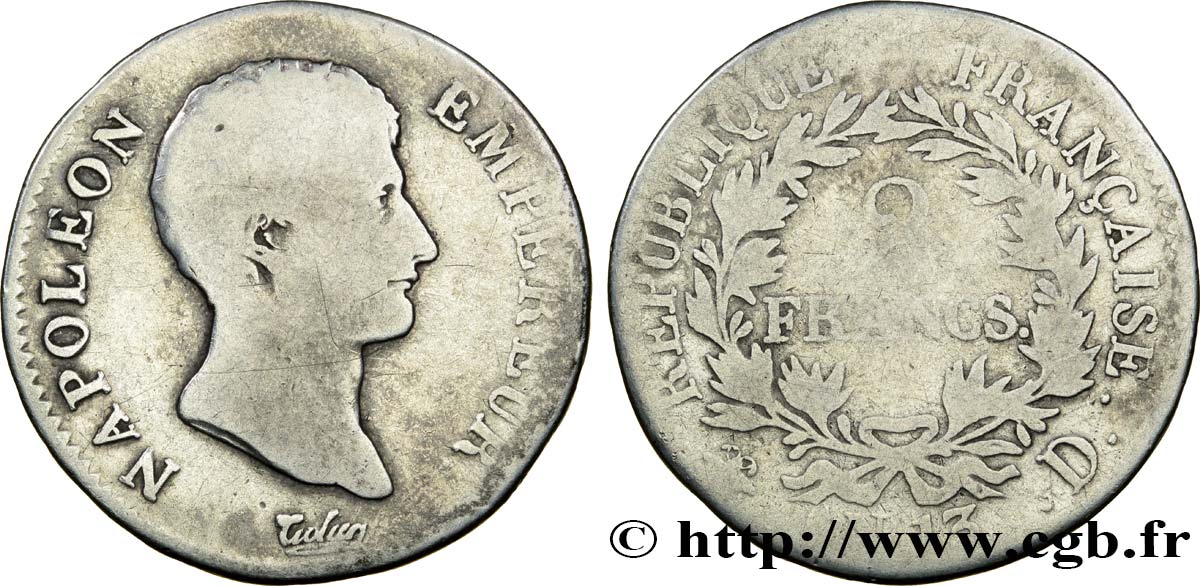 2 francs Napoléon Empereur, Calendrier révolutionnaire 1805 Lyon F.251/14 VG10 