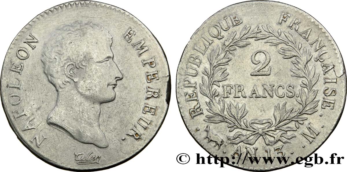 2 francs Napoléon Empereur, Calendrier révolutionnaire 1805 Toulouse F.251/21 BC35 