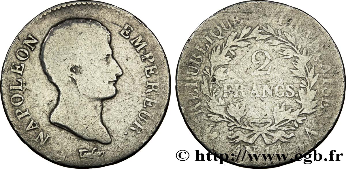 2 francs Napoléon Empereur, Calendrier révolutionnaire 1805 Paris F.251/27 VG10 