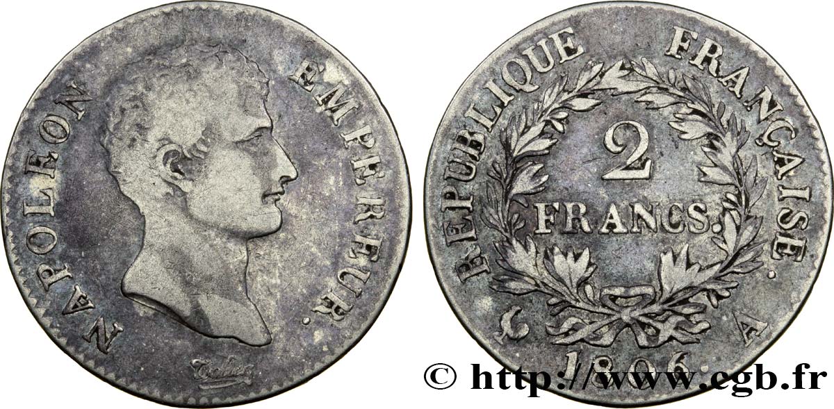 2 francs Napoléon Empereur, Calendrier grégorien 1806 Paris F.252/1 TB30 