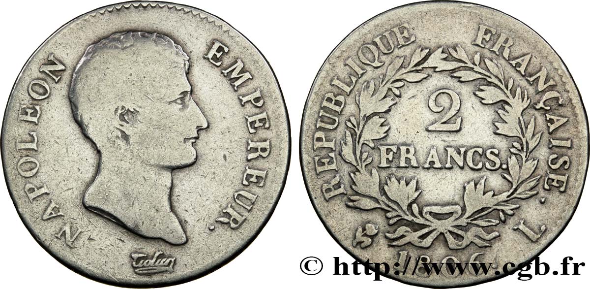 2 francs Napoléon Empereur, Calendrier grégorien 1806 Bayonne F.252/6 VF20 