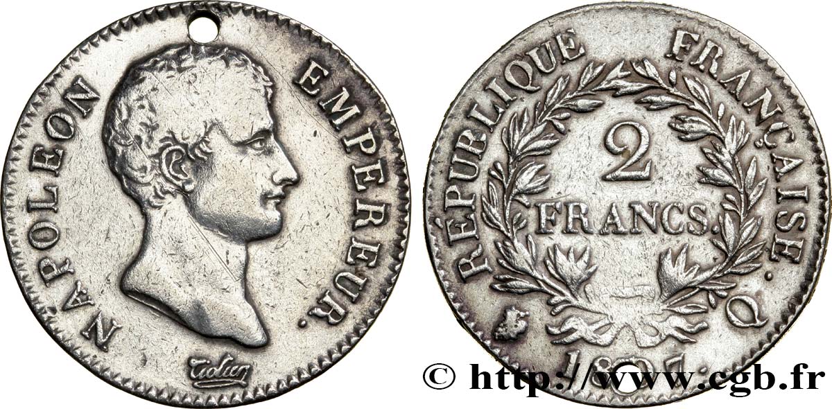 2 francs Napoléon Empereur, Calendrier grégorien 1807 Perpignan F.252/14 BC+ 
