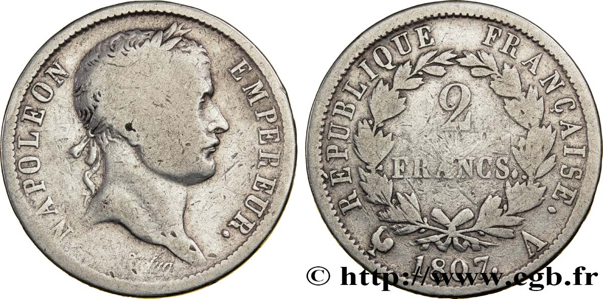 2 francs Napoléon Ier tête laurée, République française 1807 Paris F.254/2 RC12 