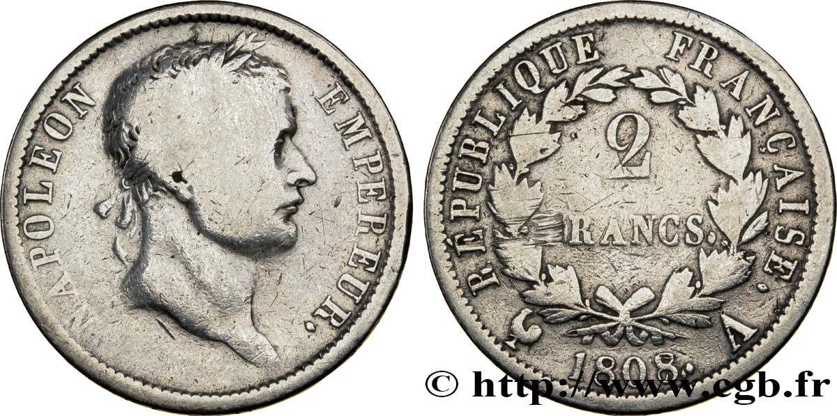 2 francs Napoléon Ier tête laurée, République française 1808 Paris F.254/3 SGE12 