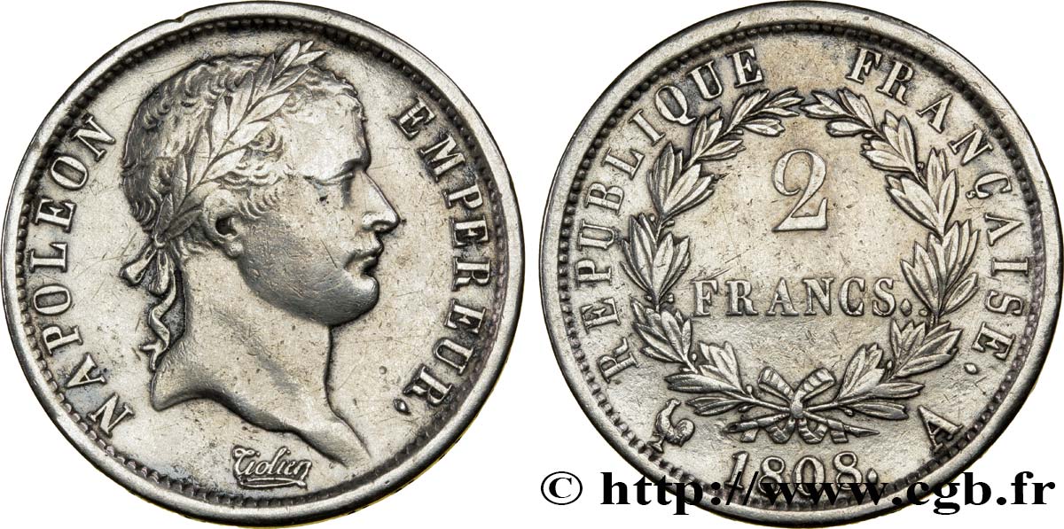 2 francs Napoléon Ier tête laurée, République française 1808 Paris F.254/4 TTB40 
