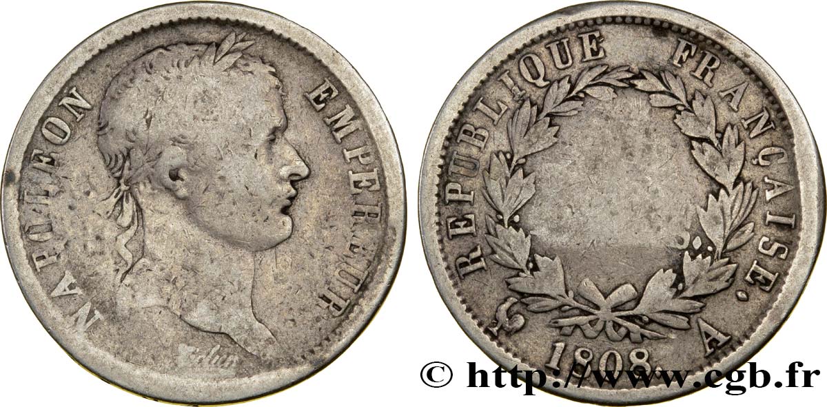 2 francs Napoléon Ier tête laurée, République française 1808 Paris F.254/4 B8 