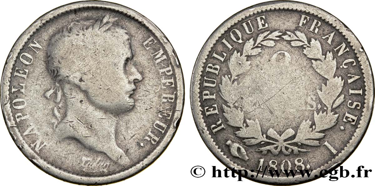 2 francs Napoléon Ier tête laurée, République française 1808 Limoges F.254/6 B10 