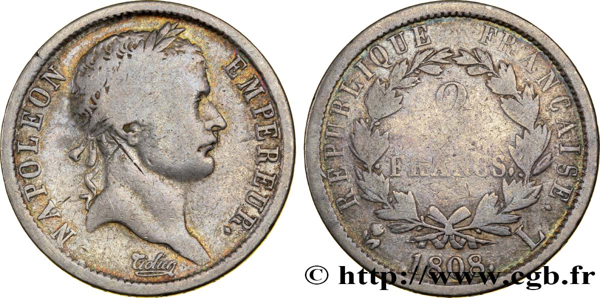 2 francs Napoléon Ier tête laurée, République française 1808 Bayonne F.254/8 F12 